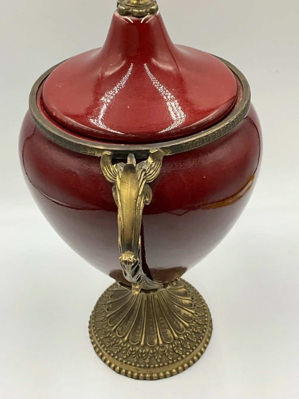 Urn Vintage Ornate Red Ceramic Urn with Brass Accents Rare
